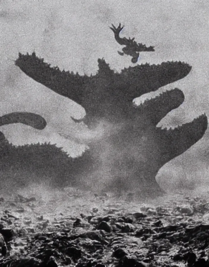 Image similar to a filmstill of a north korean monster movie, kaiju - eiga monster starfish - like trampling a traditional korean palace, foggy, film noir, epic battle, etheral, explosions, communist propaganda, communist epic thriller, by akira kurosawa and wes anderson video compression