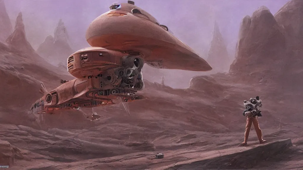 Image similar to small organic dropship lander by john schoenherr and jim burns, epic cinematic matte painting