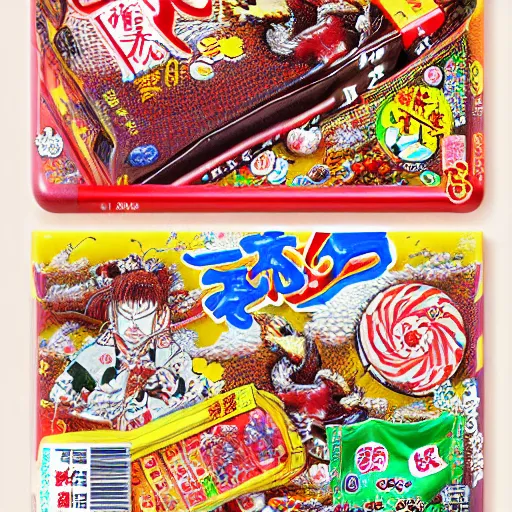 Image similar to 8 k 3 d capture scan of japanese candy package, high textured, conceptual, intricate detailed painting, illustration sharp detail, manga 1 9 9 0