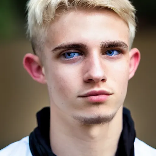 Prompt: an close - up photo of an american 2 0 yo man wearing a white shirt and black tracksuit, blonde hair, hazel eyes, small blond goatee, biggish nose