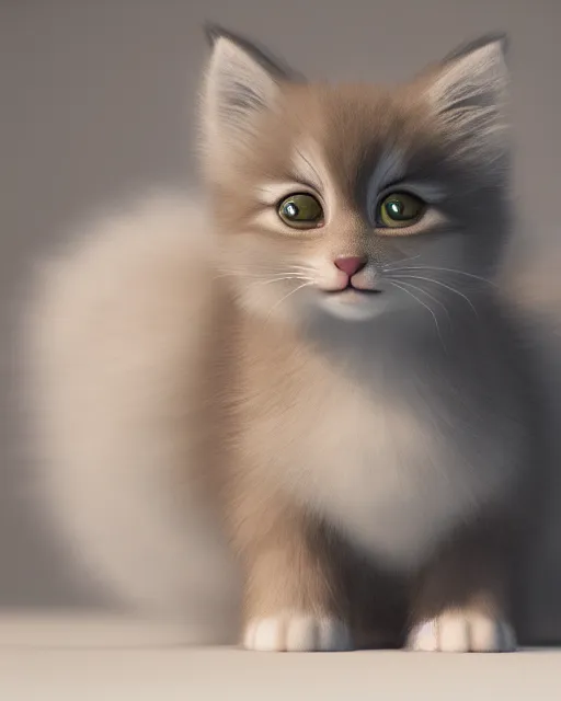 Image similar to cute fluffy kitten looking into the camera, big eyes, 3 d render, pixar style, octane render, very detailed