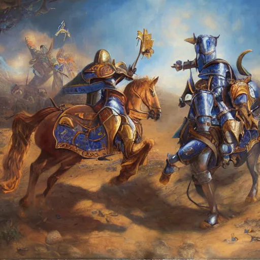 Image similar to knights fighting, oil painting by justin gerard, deviantart