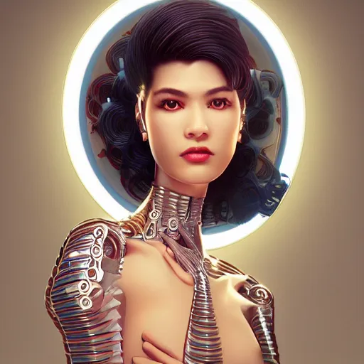 Image similar to the portrait of an elegant, sophisticated, fashionable robotess idol, an ultrafine illustration of young half arab zendaya mix by kim jisu, intricate linework, neon wiring, fashion, porcelain skin, unreal engine 5 highly rendered, global illumination, radiant light, detailed and intricate environment, by rutkowski, artgerm, marvel comics