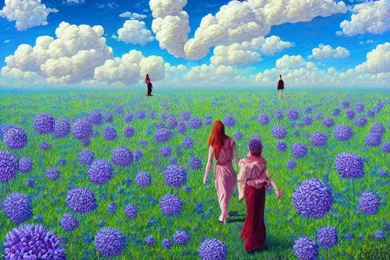 Image similar to giant flower head, woman walking, surreal, clouds in sky, impressionist painting, digital painting, artstation, rob gonsalves