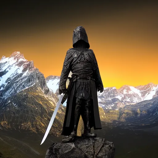 Prompt: a dark figure holding a sword, closeup shot, mountain's background, dawn, fantasy, 4 k resolution, award winning