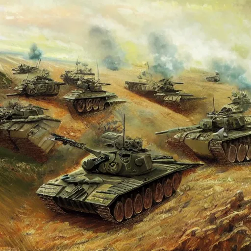 Prompt: massive assault on russian front with panzer division, ivan vladimirov, fedir krychevsky