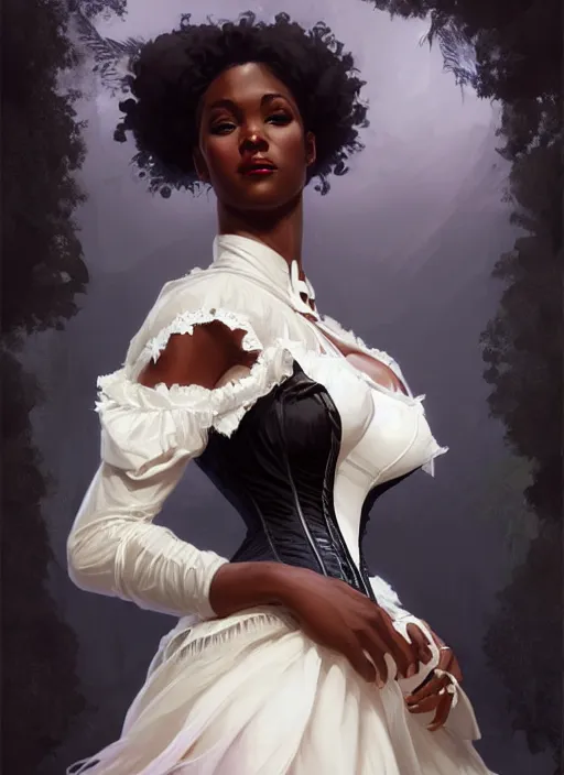 Image similar to cute black woman wearing a white corset dress, fantasy, intricate, highly detailed, digital painting, artstation, concept art, wallpaper, smooth, sharp focus, illustration, art by artgerm and greg rutkowski and alphonse mucha