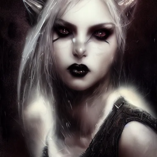 Image similar to gothic kitten, darkwave, darksynth character portrait, sharp, digital matte painting, art by luis royo, greg rutkowski, wlop, dramatic lighting, trending on artstation