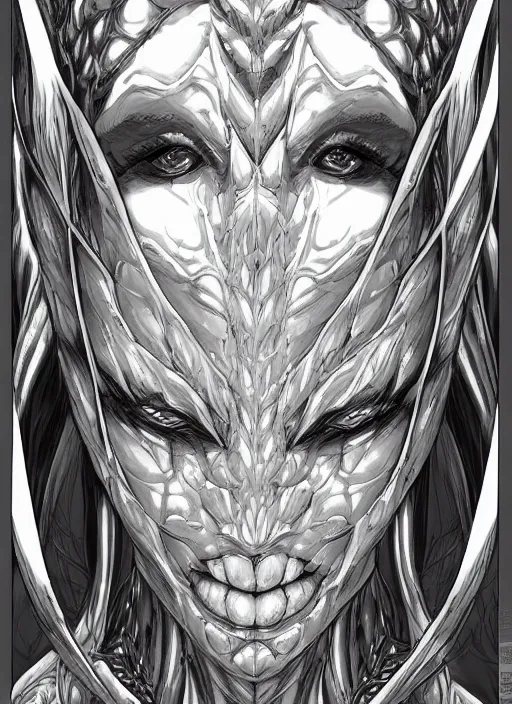 Image similar to a detailed face portrait of the queen of blades, line art, by yusuke murata, by hiroya oku, trending on artstation