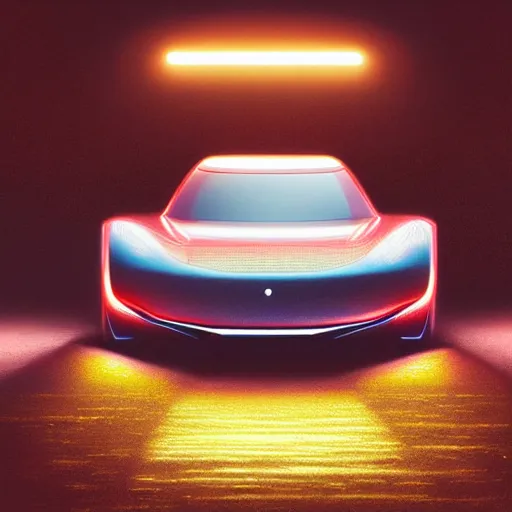 Image similar to detailed intricate digital illustration by greg rutkowski and artgerm and wlop and sanford robinson gifford ; 1 9 9 4 concept car electric vehicle, sharp, smooth, closeup view ; bright, glowing, vintage headlights and 1 9 9 0 s design ; sharp focus, depth of field, front angle shot, head on
