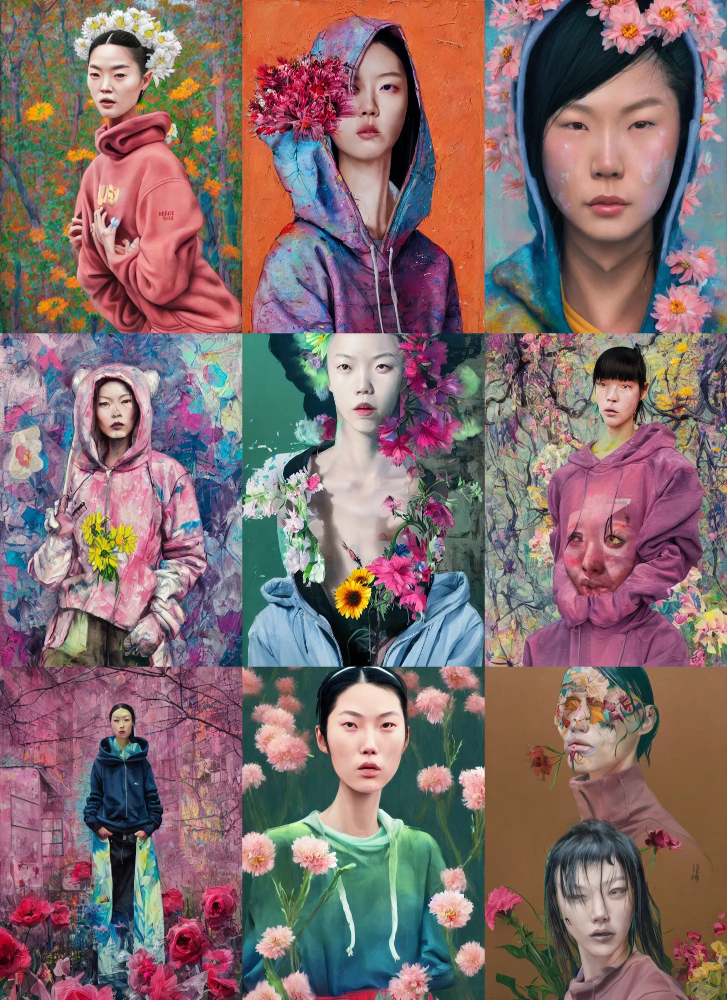 Prompt: still from music video of liu wen from die antwoord standing in a township street, wearing a hoodie and flowers, street clothes, full figure portrait painting by martine johanna, ilya kuvshinov, rossdraws, pastel color palette, detailed impasto brushwork, impressionistic