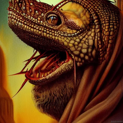 Image similar to portrait of jesus with the head of a lizard lizard lizard lizard lizard, surrealist, crown of thorns, cross, christianity, intricate, elegant, highly detailed, centered, grungy, digital painting, artstation, concept art, smooth, sharp focus, boris vallejo