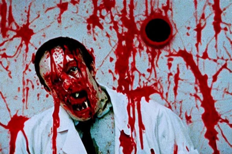 Image similar to filmic wide shot angle movie still 35mm film color photograph of a decapitated doctor with blood spewing from his neck and splattered blood all over the walls in a science lab in the style of a 1982 horror film