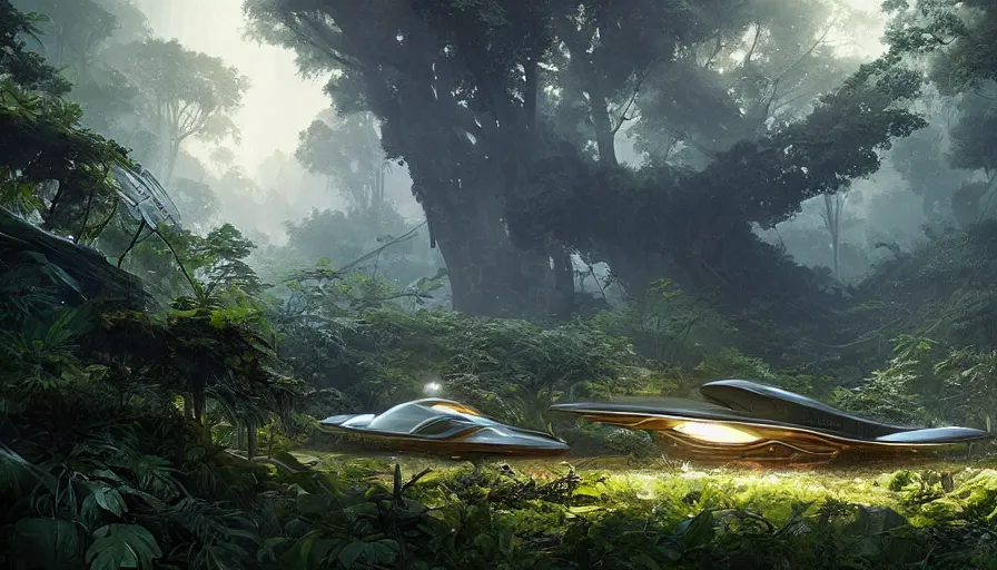 Image similar to a beautiful painting of odysseus spaceship in a lush jungle, ray traced lighting by kalin popov and greg rutkowski