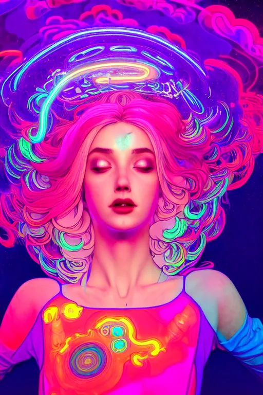 Image similar to a gorgeous woman surrounded by colorful liquid clouds and neon smoke, extremely detailed, in a psychedelic experience, psilocybin, dmt, lsd, face, highly detailed, artstation, alphonse mucha, hana yata, and artem demura and beeple, octane render, unreal engine, 8 k