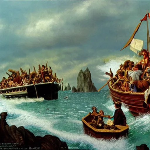 Image similar to an extremely detailed matte painting of the animals leaving noah's ark, 4 k, noah's ark, antediluvian, by bob ross and norman rockwell