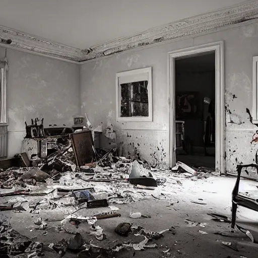 Image similar to 1 9 3 0 s haunting by pegi nicol macleod, by simon birch. a sculpture of a room that is wrecked, furniture overturned, belongings strewn about, & debris everywhere. the only thing left intact is a photograph on the wall shows a tidy, well - appointed space, with everything in its place.