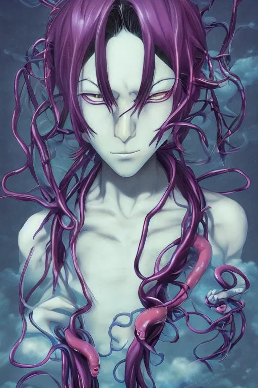 Prompt: portrait of an anime manga guy with hair order snakes, straight on, by artgerm, james jean, tom bagshaw, gerald brom, vaporwave colors, lofi colors, vaporwave, lofi, goth vibe, 4 k, smooth, hd, substance designer render, full body character concept art, symmetrical, 2 point lighting,