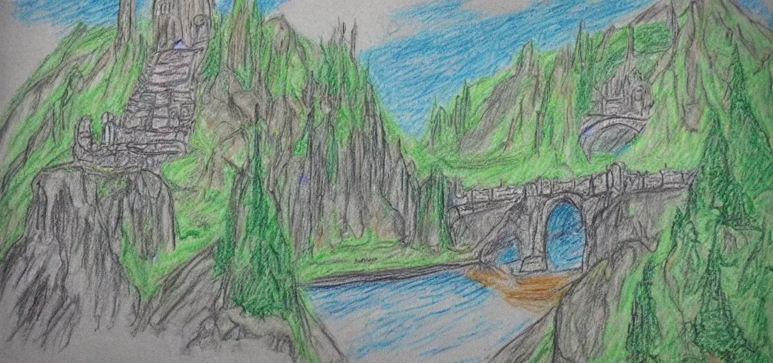 Image similar to Rivendell poorly drawn in crayon by a five-year old