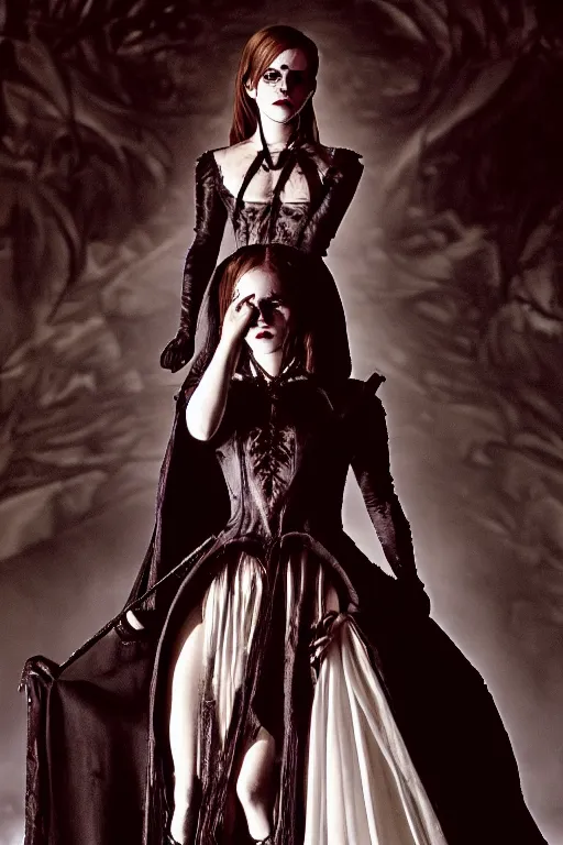 Image similar to dressed emma watson, a sinister demonic queen of cenobites, symmetrical, cinematic, elegant, demonic atmosphere, professional studio light, real dlsr photography, sharp focus, costume made by clive barker, real rotten flesh, blood and bones, 4 k, ultra hd, sense of awe