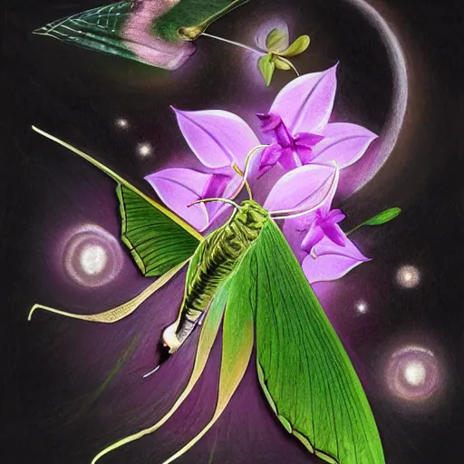 Prompt: painting of a luna moth surrounded by orchids, moonlight, highly detailed, illustration, soft, sharp focus, digital art, cgsociety, trending on artstation