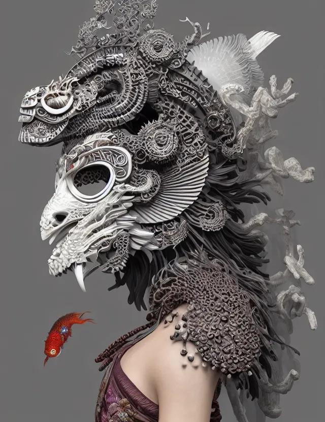 Image similar to 3 d goddess close - up profile portrait ram skull. beautiful intricately detailed japanese crow kitsune mask and clasical japanese kimono. betta fish, jellyfish phoenix, bio luminescent, plasma, ice, water, wind, creature, artwork by tooth wu and wlop and beeple and greg rutkowski