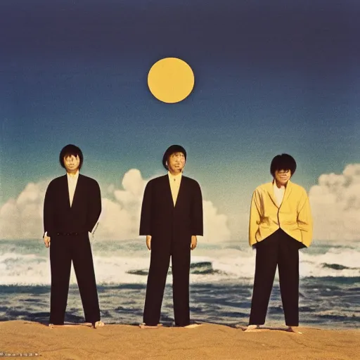 Image similar to three japanese men wearing beige suits and black pants standing in the ocean, sunset, night, wide shot, ((yellow magic orchestra)), ((tatsuro yamashita)), album cover, 1981, grammy award winning