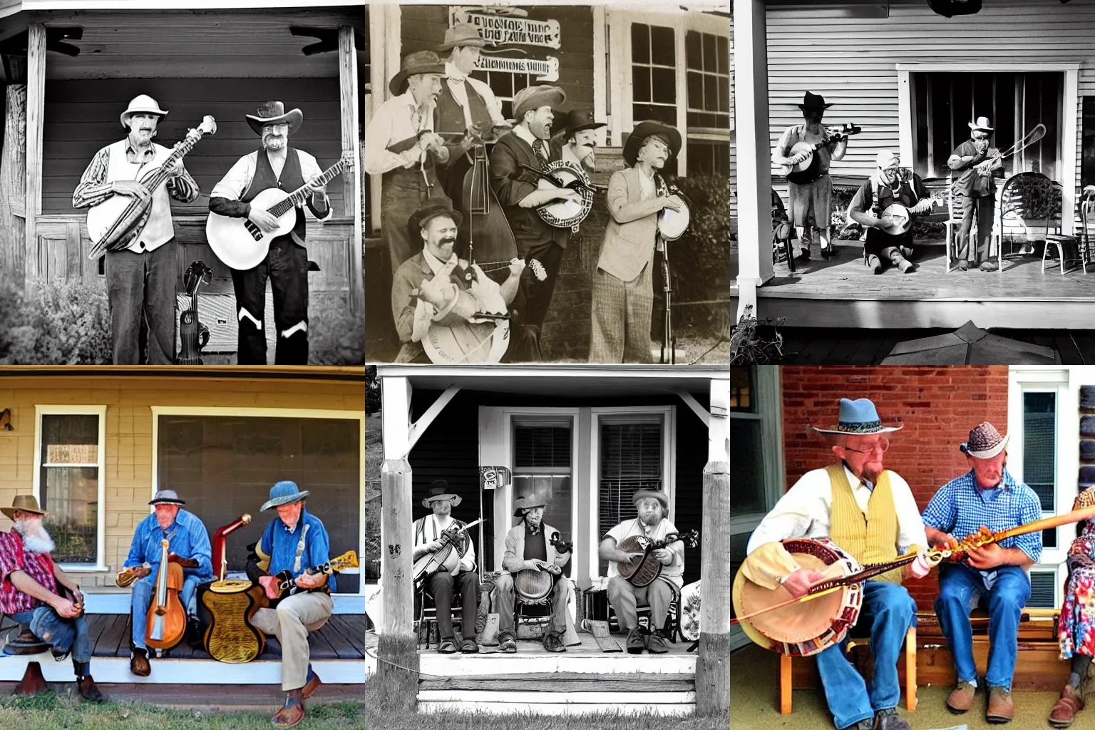 Prompt: towny locals playing banjo on the front porch, jug band, old timey, highly stylized art