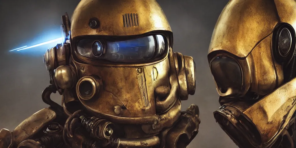 Image similar to an alien robot cop, rusty helmet, cyberpunk, fallout 5, studio lighting, deep colors, apocalyptic setting