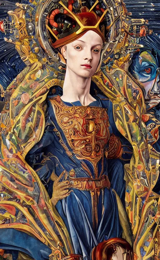 Image similar to beautifully painted mural of a cyborg king in ornate royal fabric, piercing glowing eyes, sci fi scenery, vogue cover poses, mural in the style of sandro botticelli, caravaggio, albrecth durer