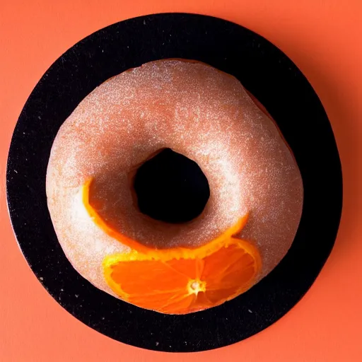 Prompt: Perfectly circular donut!!!!! in the style and shape of an orange!!!!!!, blended colors!!!!!, trending on artstation, 4k, 8k, professional photography, overhead shot, 35mm lens
