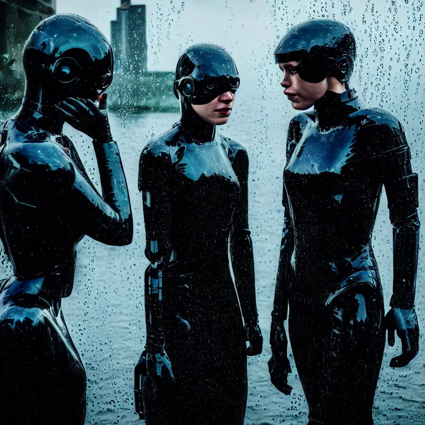 Image similar to cinestill 5 0 d candid photographic portrait by christopher nolan of two loving female androids sobbing wearing rugged black mesh techwear in treacherous waters, flooded city, helicopter, medium closeup, modern cyberpunk moody emotional cinematic, pouring iridescent rain bright spotlight, 8 k, hd, high resolution, 3 5 mm, f / 3 2, ultra realistic faces, ex machina