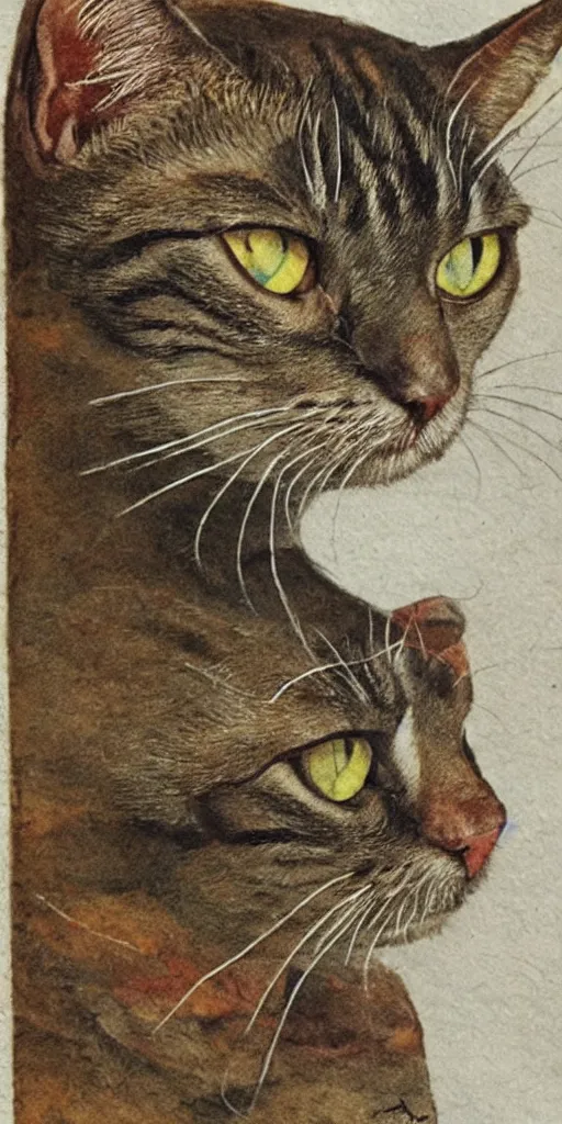 Prompt: old scientific document, cat, in rich color, aged paper, texture, highly detailed, in water color, lots of pictures, close up