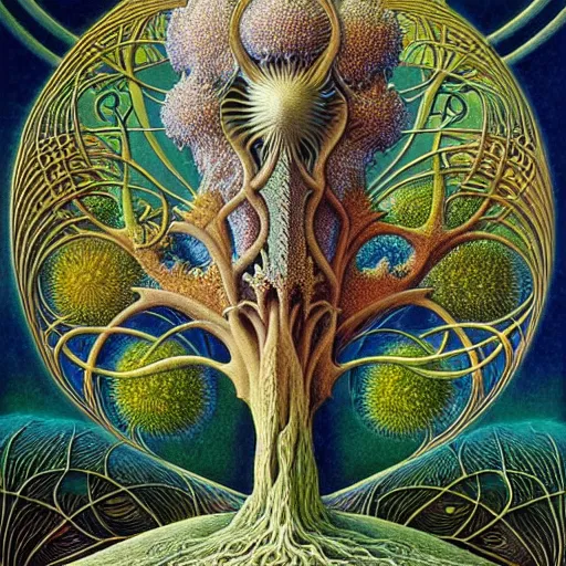 Image similar to tree of life by roger dean and andrew ferez, art forms of nature by ernst haeckel, divine chaos engine, symbolist, visionary, art nouveau, botanical fractal structures, organic, detailed, realistic, surreality