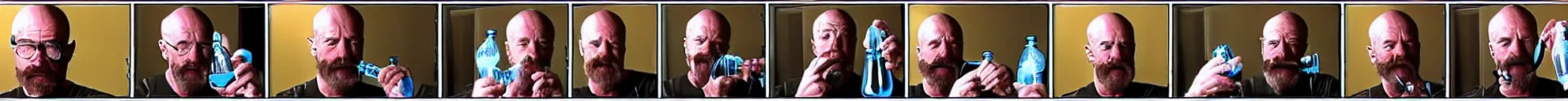 Image similar to 8 consistent frames from a video showing walter white drinking from a water bottle