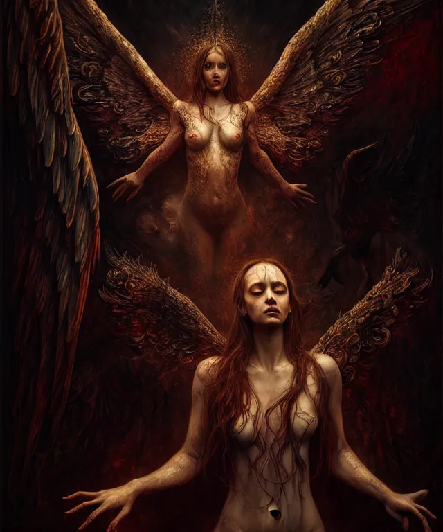 Image similar to epic professional digital art of angels and demons, horrific yet beautiful vibe, evocative, atmospheric lighting, painted, intricate, highly detailed, by leesha hannigan, wayne haag, reyna rochin, ignacio fernandez rios, mark ryden, iris van herpen, artstation, cgsociety, stunning, gorgeous, sharp focus, cinematic, masterpiece