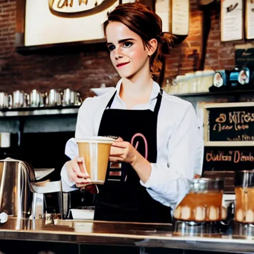 Image similar to emma watson working as a barista in a café