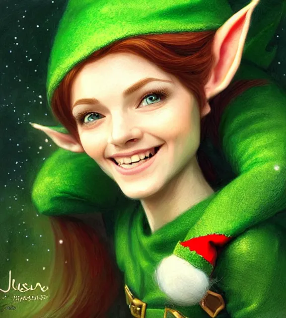 Prompt: cute elf smiling in santa's workshop, perfect face, green clothes, auburn hair, cinematic, blush, stunning, elegant, highly detailed, psychedelic, digital painting, artstation, smooth, hard focus, illustration, art by jessica rossier and and brian froud