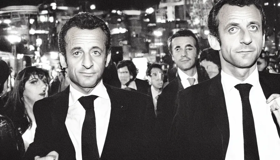 Image similar to 70s movie still of Nicolas Sarkozy and Emmanuel Macron with highly detailed face , cinestill 800t 18mm heavy grain, cinematic, dramatic dark lighning, brooklyn at night neon boards