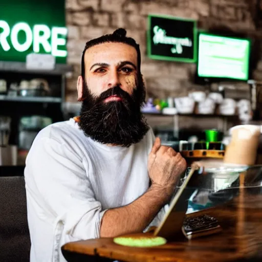 Prompt: white cypriot man with a beard is fully decked out in Shrekcore working at the coffee shop