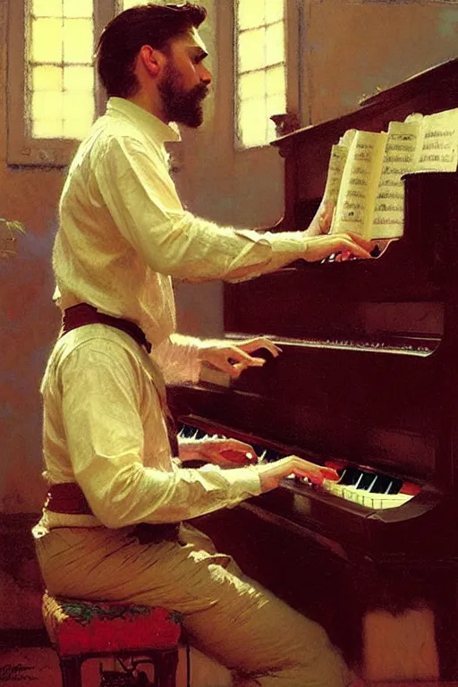 Image similar to attractive man playing piano, cool colors, painting by gaston bussiere, craig mullins, greg rutkowski, alphonse mucha