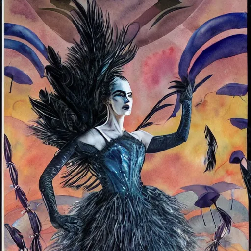 Prompt: detailed colorful watercolor of jennifer connelly as odile the black swan, disney villain, black feathers instead of hair, black feathers growing out of skin, shapeshifting, black feathers growing out of face, floating in zero gravity on spacecraft, science fiction, highly detailed, comic book cover, mike mignogna, david mack, trending on artstation