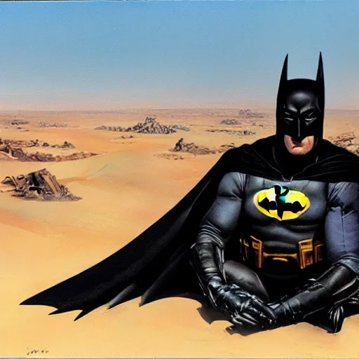 Prompt: hyper realistic portrait of batman in desert, wearing astronaut outfit, 35mm, painting by John berkey