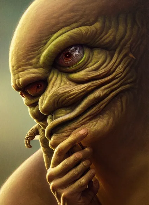 Image similar to 4 chan pepe, kek, ancient god, sad, portrait, intricate, elegant, highly detailed, digital painting, artstation, concept art, wallpaper, smooth, sharp focus, illustration, art by h. r. giger and artgerm and greg rutkowski and alphonse mucha