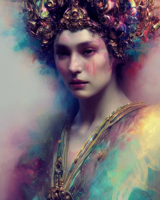 Prompt: 4k cinematic full view iridescent ethereal elysian female wearing intricate religious Madonna crown by Ruan Jia by Alberto Seveso, detailed and realistic, Artstation