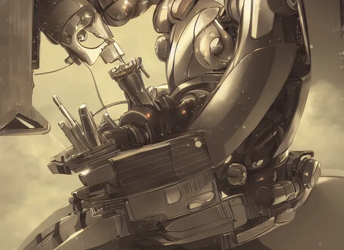Prompt: robot being fixed, anime fantasy illustration by tomoyuki yamasaki, kyoto studio, madhouse, ufotable, trending on artstation