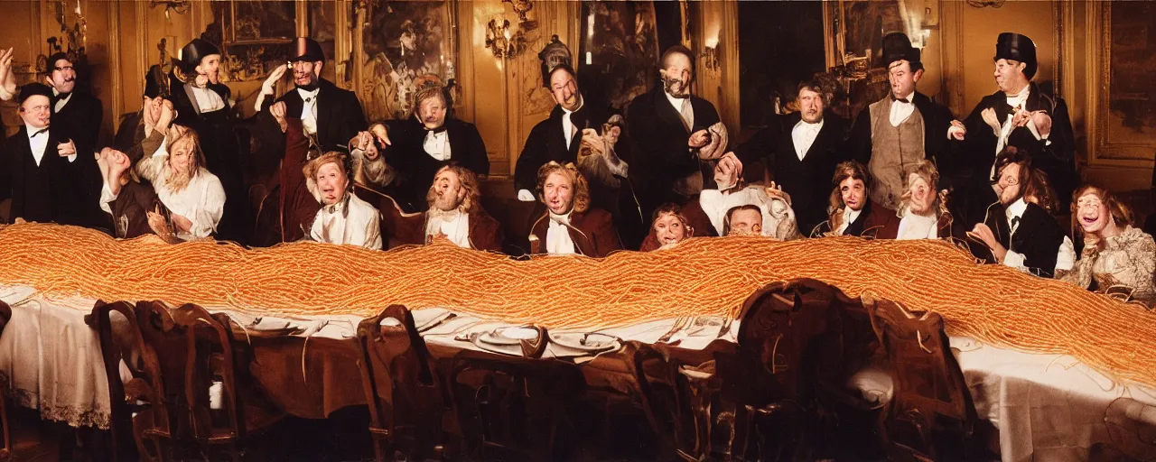 Image similar to a long banquet table covered in spaghetti, victorian era, excited guests, detailed expression, canon 5 0 mm, cinematic lighting, photography,, film, kodachrome