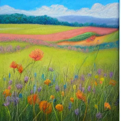 Image similar to This painting is a unique pastel and oil on canvas. It features a beautiful landscape with rolling hills and fields of wildflowers. The colors are soft and soothing, making it the perfect piece to relax and unwind with.