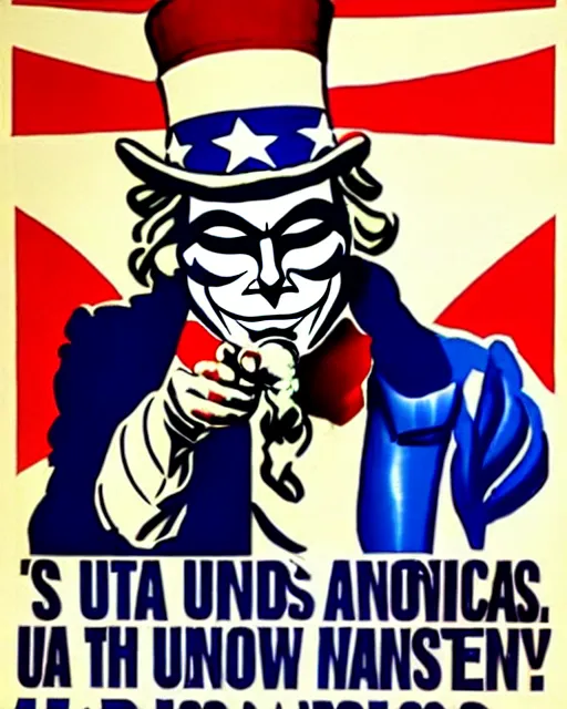 Image similar to anonymous as uncle sam propaganda poster art in the year 1 9 8 7, ultra realistic concept art intricate detail