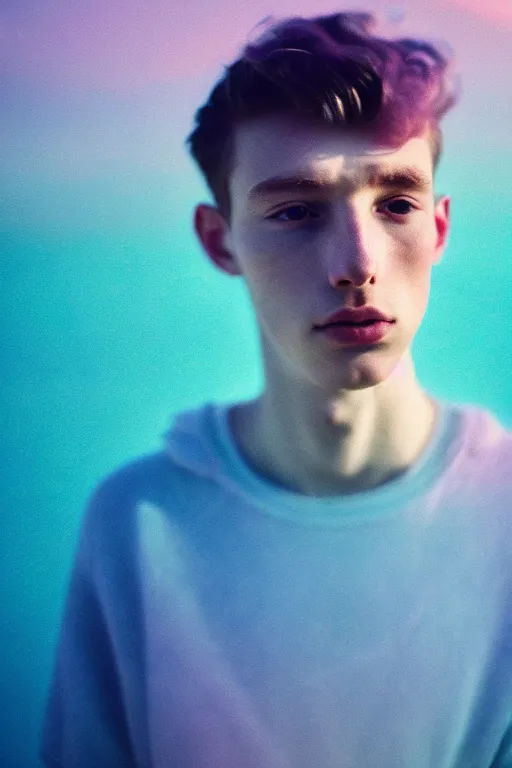 Prompt: high quality pastel coloured film mid angle selfie photograph of a beautiful young 2 0 year old male, soft features, black hair, standing in an icelandic black rock environment. atmospheric. three point light. photographic. art directed. ( pastel colours ). volumetric light. stark. waves glitch. 8 k. filmic.